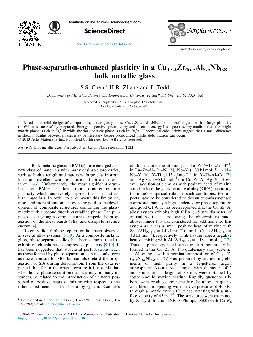 عکس صفحه اول مقاله: Phase-separation-enhanced plasticity in a Cu47.2Zr46.5Al5.5Nb0.8 bulk metallic glass Phase-separation-enhanced plasticity in a Cu47.2Zr46.5Al5.5Nb0.8 bulk metallic glass