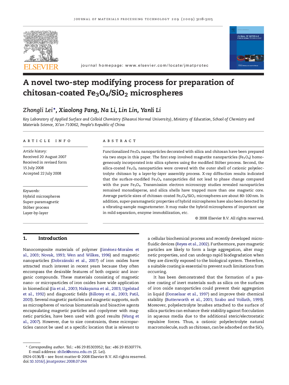 A novel two-step modifying process for preparation of chitosan-coated Fe3O4/SiO2 microspheres