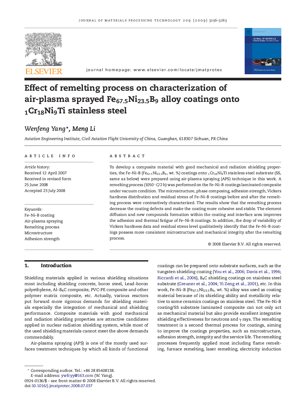 Effect of remelting process on characterization of air-plasma sprayed Fe67.5Ni23.5B9 alloy coatings onto 1Cr18Ni9Ti stainless steel