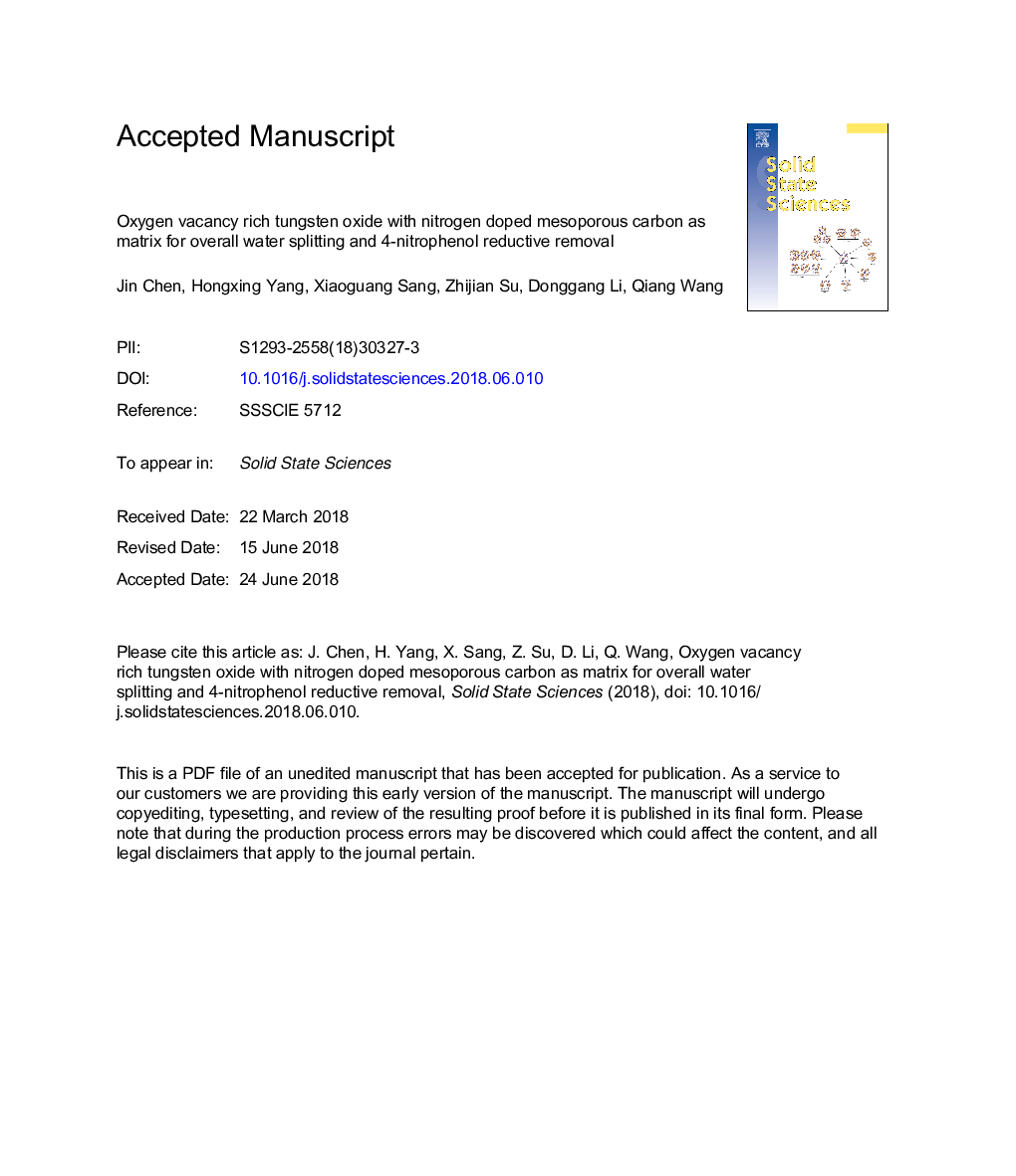 Oxygen vacancy rich tungsten oxide with nitrogen doped mesoporous carbon as matrix for overall water splitting and 4-nitrophenol reductive removal