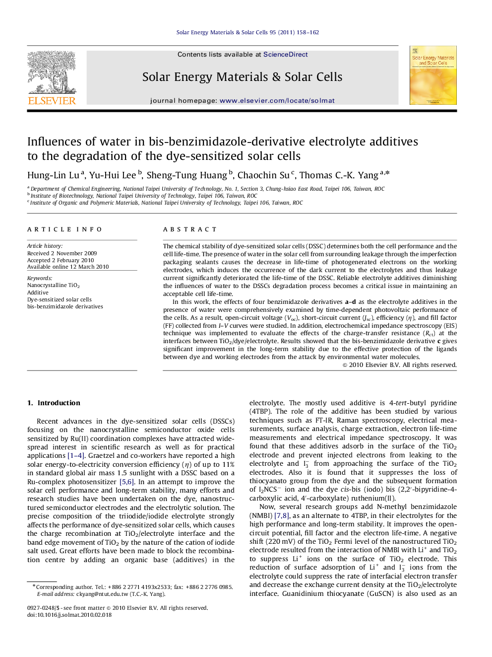 Influences of water in bis-benzimidazole-derivative electrolyte additives to the degradation of the dye-sensitized solar cells