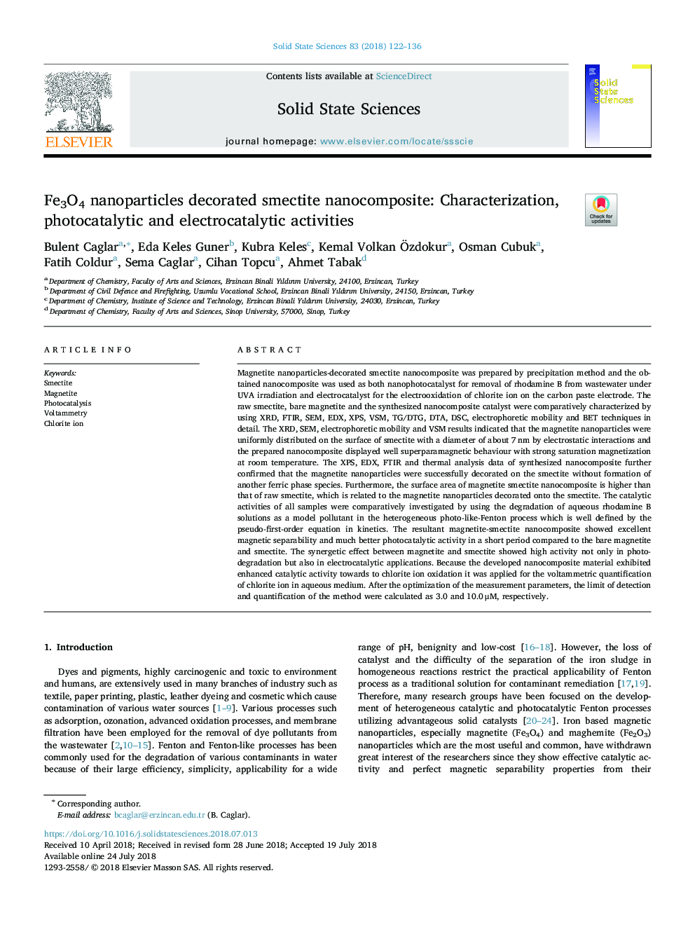 Fe3O4 nanoparticles decorated smectite nanocomposite: Characterization, photocatalytic and electrocatalytic activities