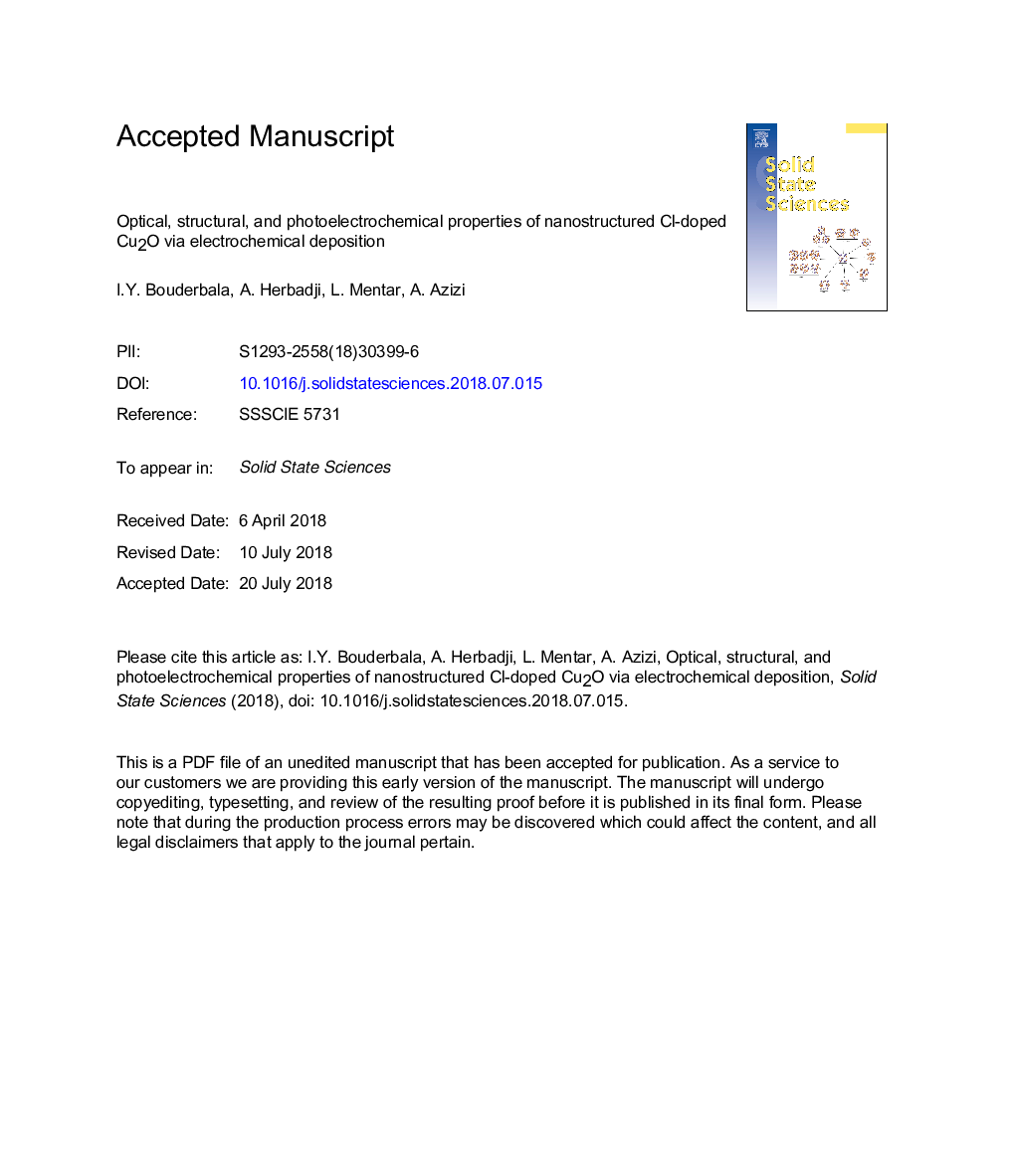 Optical, structural, and photoelectrochemical properties of nanostructured Cl-doped Cu2O via electrochemical deposition