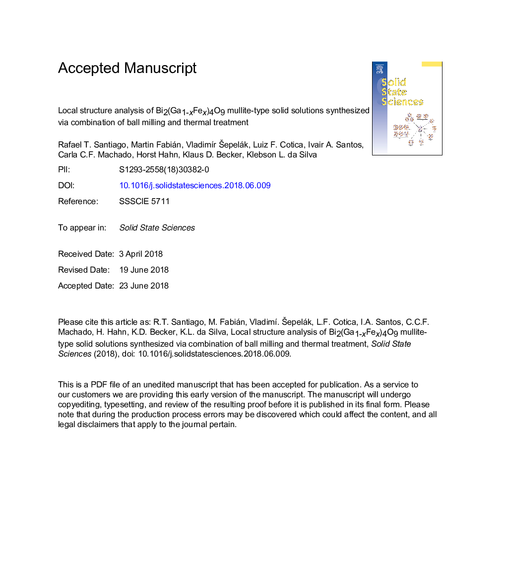 Local structure analysis of Bi2(Ga1-xFex)4O9 mullite-type solid solutions synthesized via combination of ball milling and thermal treatment