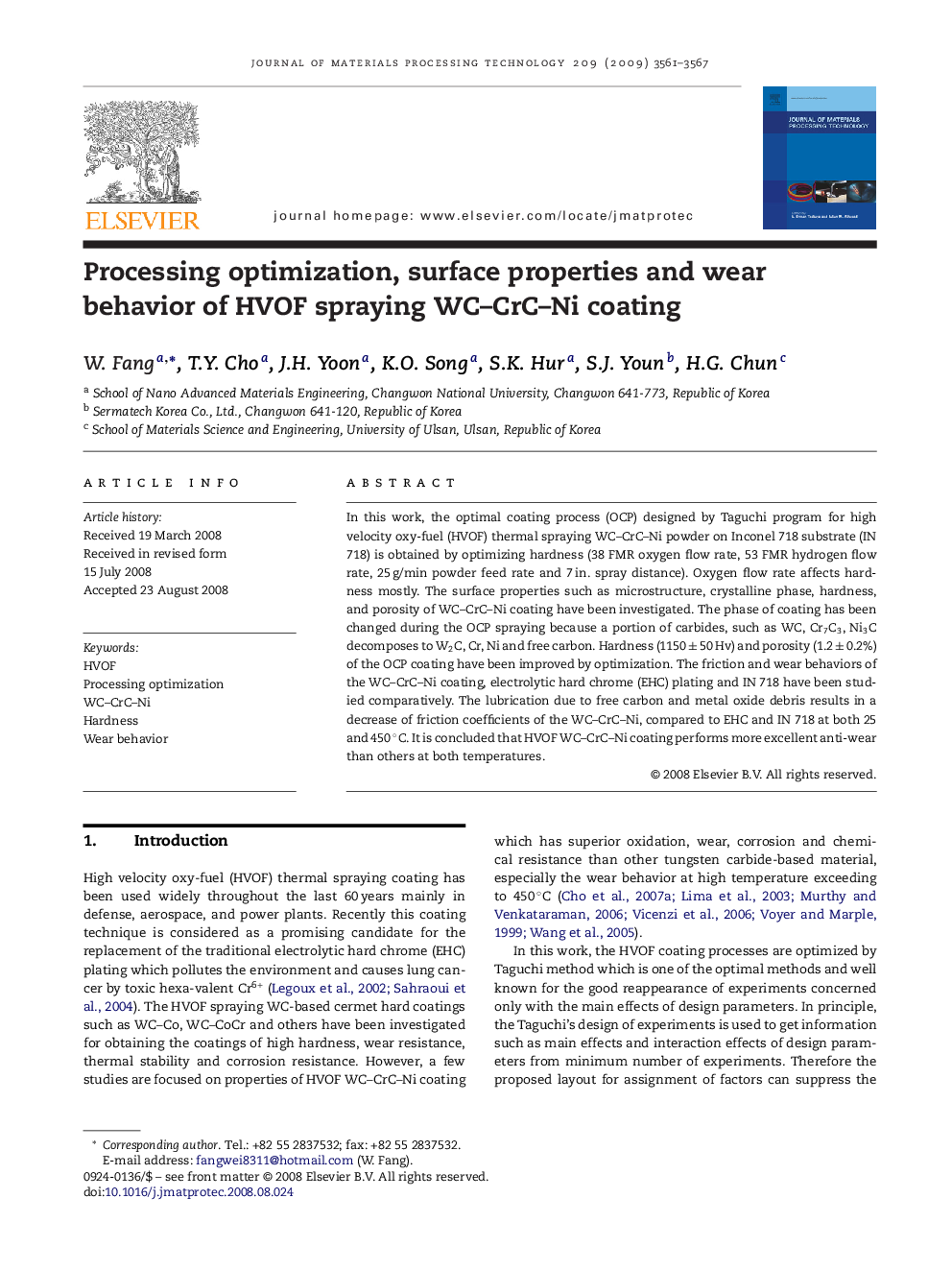 Processing optimization, surface properties and wear behavior of HVOF spraying WC–CrC–Ni coating