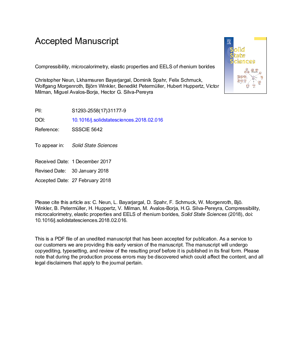 Compressibility, microcalorimetry, elastic properties and EELS of rhenium borides