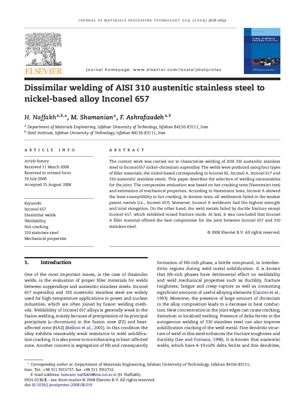 Dissimilar welding of AISI 310 austenitic stainless steel to nickel-based alloy Inconel 657