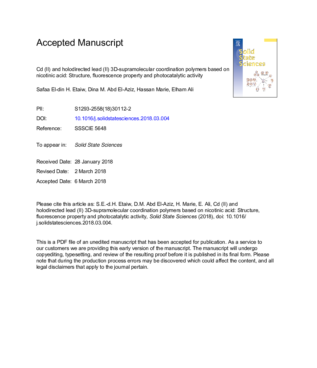 Cd (II) and holodirected lead (II) 3D-supramolecular coordination polymers based on nicotinic acid: Structure, fluorescence property and photocatalytic activity