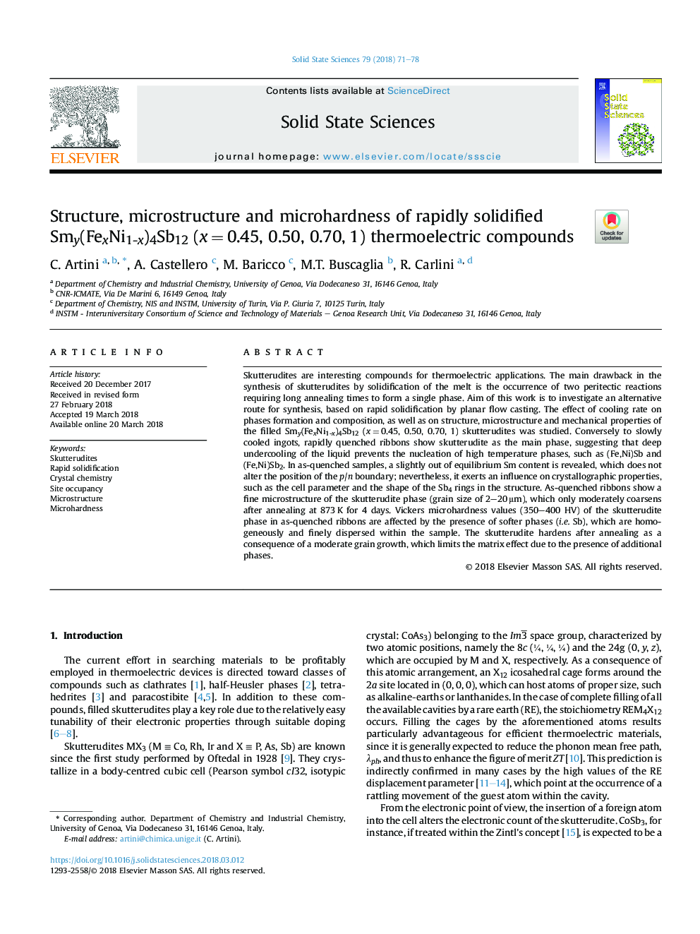 Structure, microstructure and microhardness of rapidly solidified Smy(FexNi1-x)4Sb12 (xâ¯=â¯0.45, 0.50, 0.70, 1) thermoelectric compounds