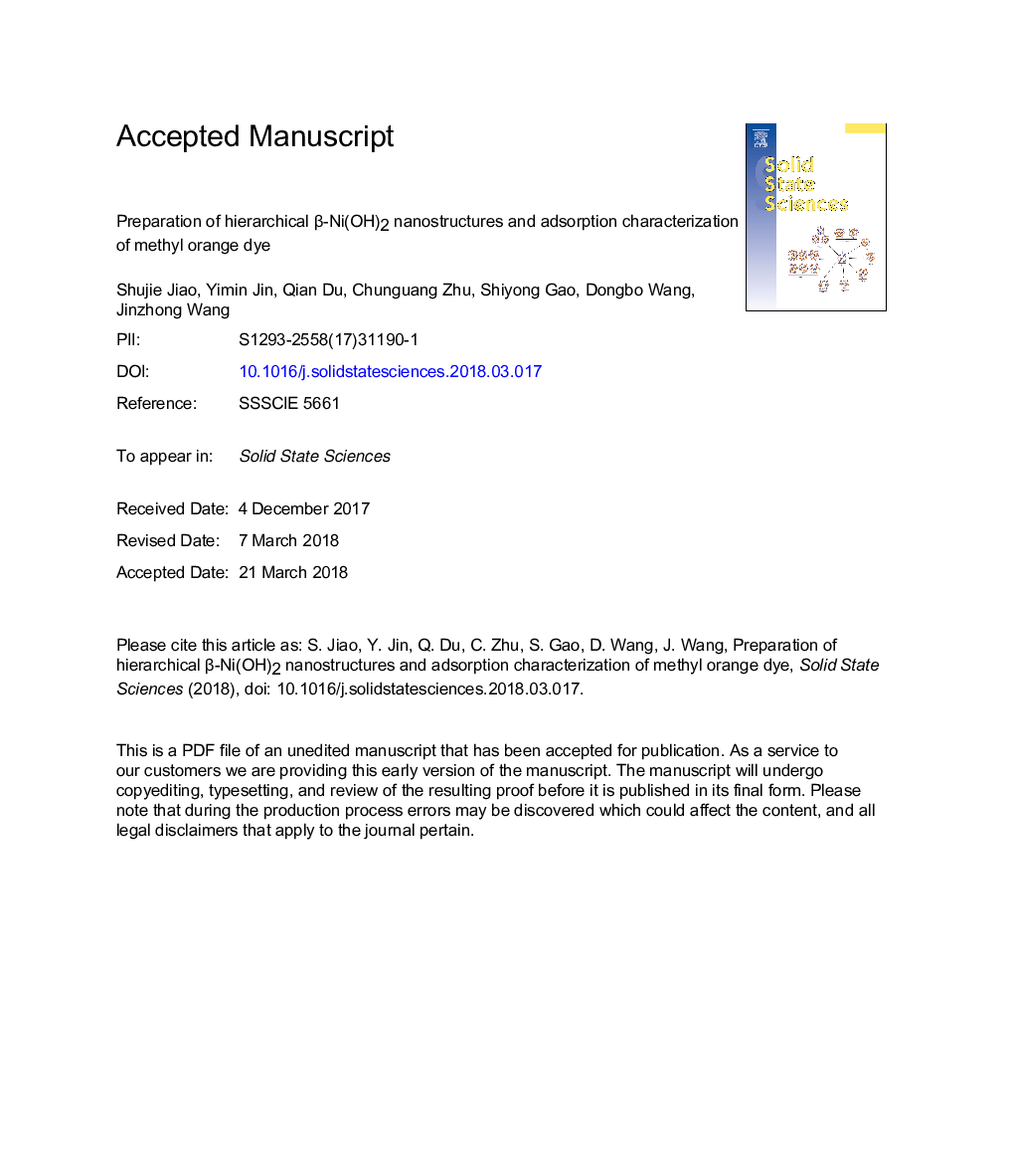 Preparation of hierarchical Î²-Ni(OH)2 nanostructures and adsorption characterization of methyl orange dye