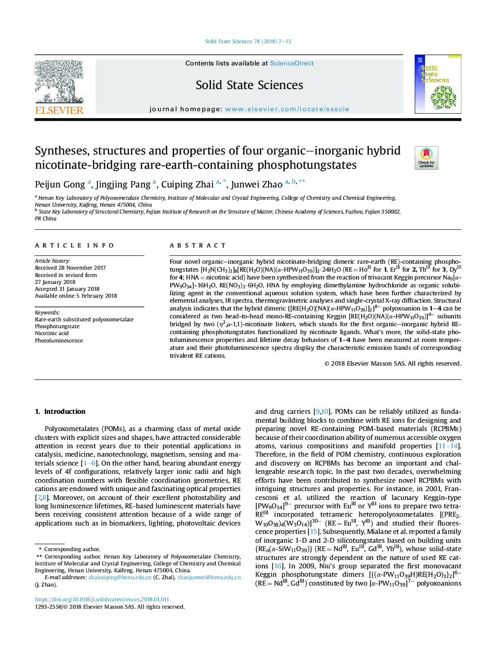 Syntheses, structures and properties of four organic-inorganic hybrid nicotinate-bridging rare-earth-containing phosphotungstates