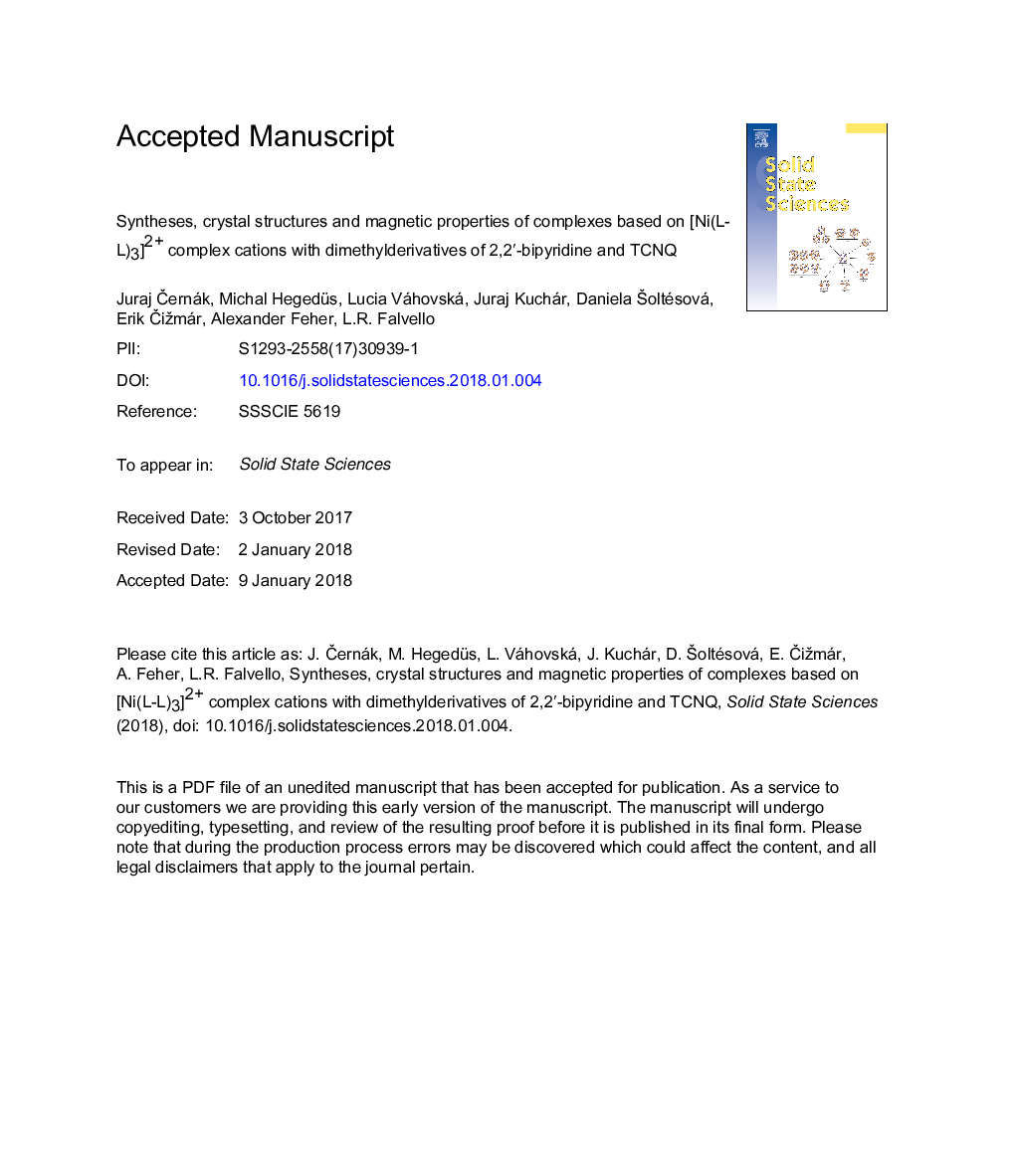 Syntheses, crystal structures and magnetic properties of complexes based on [Ni(L-L)3]2+ complex cations with dimethylderivatives of 2,2â²-bipyridine and TCNQ