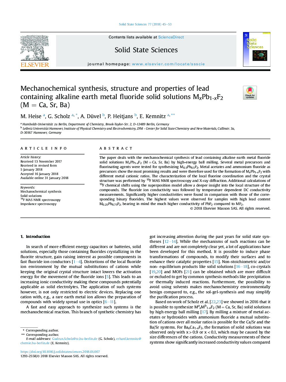 Mechanochemical synthesis, structure and properties of lead containing alkaline earth metal fluoride solid solutions MxPb1-xF2 (MÂ = Ca, Sr, Ba)