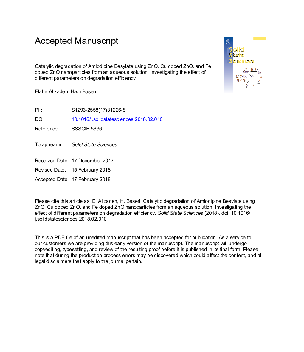 Catalytic degradation of Amlodipine Besylate using ZnO, Cu doped ZnO, and Fe doped ZnO nanoparticles from an aqueous solution: Investigating the effect of different parameters on degradation efficiency