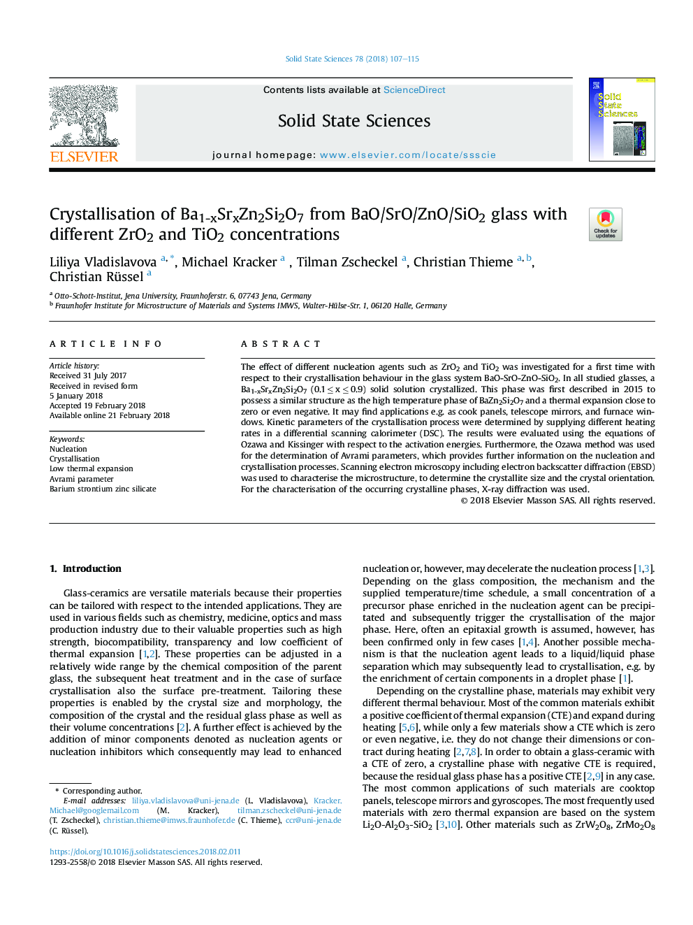 Crystallisation of Ba1-xSrxZn2Si2O7 from BaO/SrO/ZnO/SiO2 glass with different ZrO2 and TiO2 concentrations