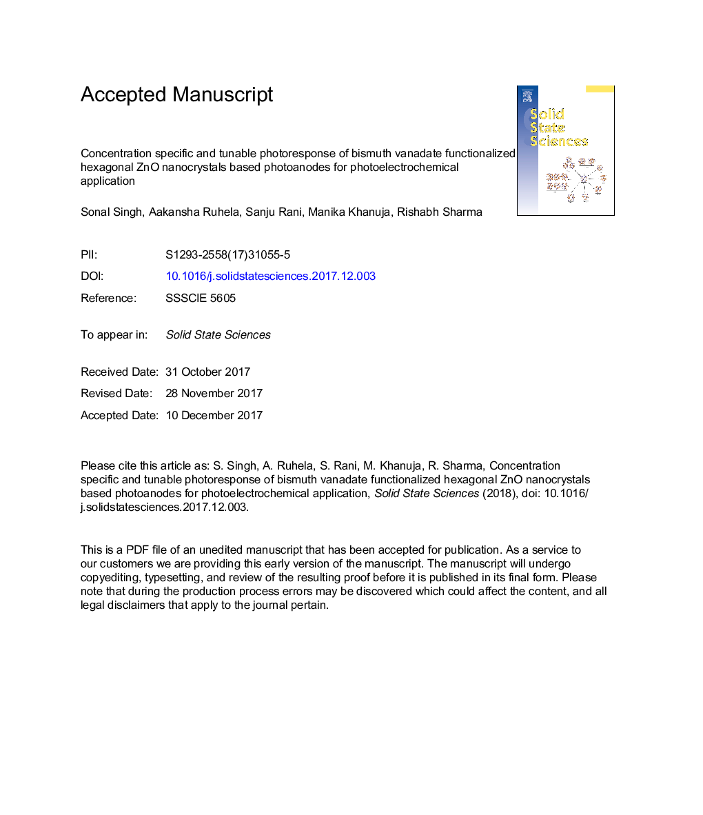 Concentration specific and tunable photoresponse of bismuth vanadate functionalized hexagonal ZnO nanocrystals based photoanodes for photoelectrochemical application