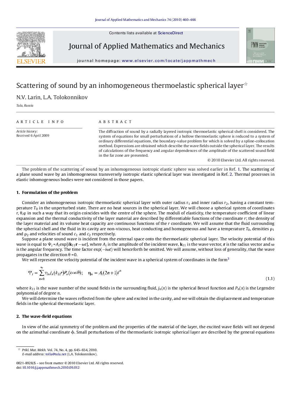 عکس صفحه اول مقاله: Scattering of sound by an inhomogeneous thermoelastic spherical layer Scattering of sound by an inhomogeneous thermoelastic spherical layer