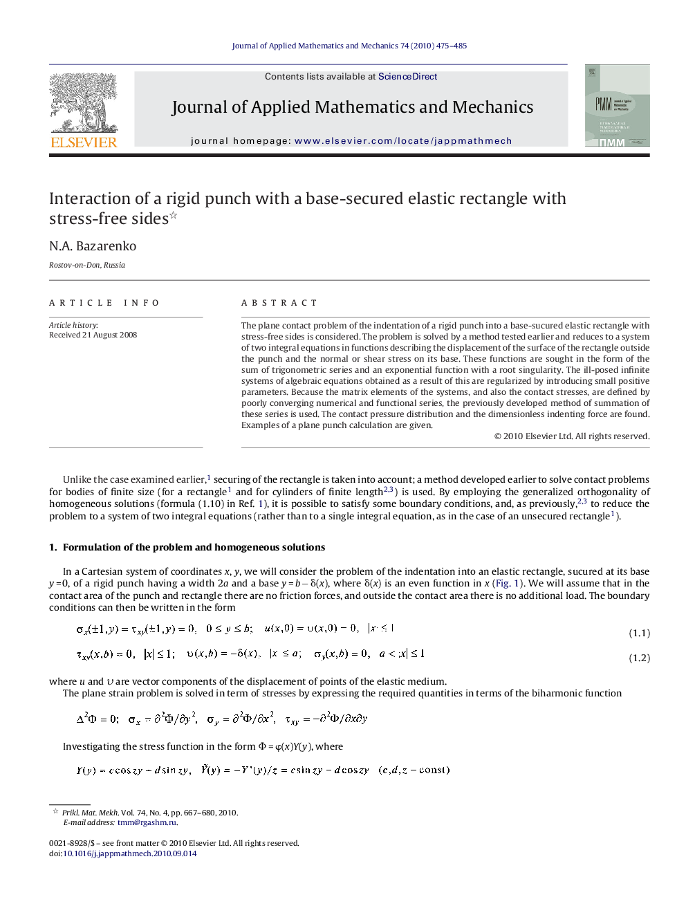 Interaction of a rigid punch with a base-secured elastic rectangle with stress-free sides 