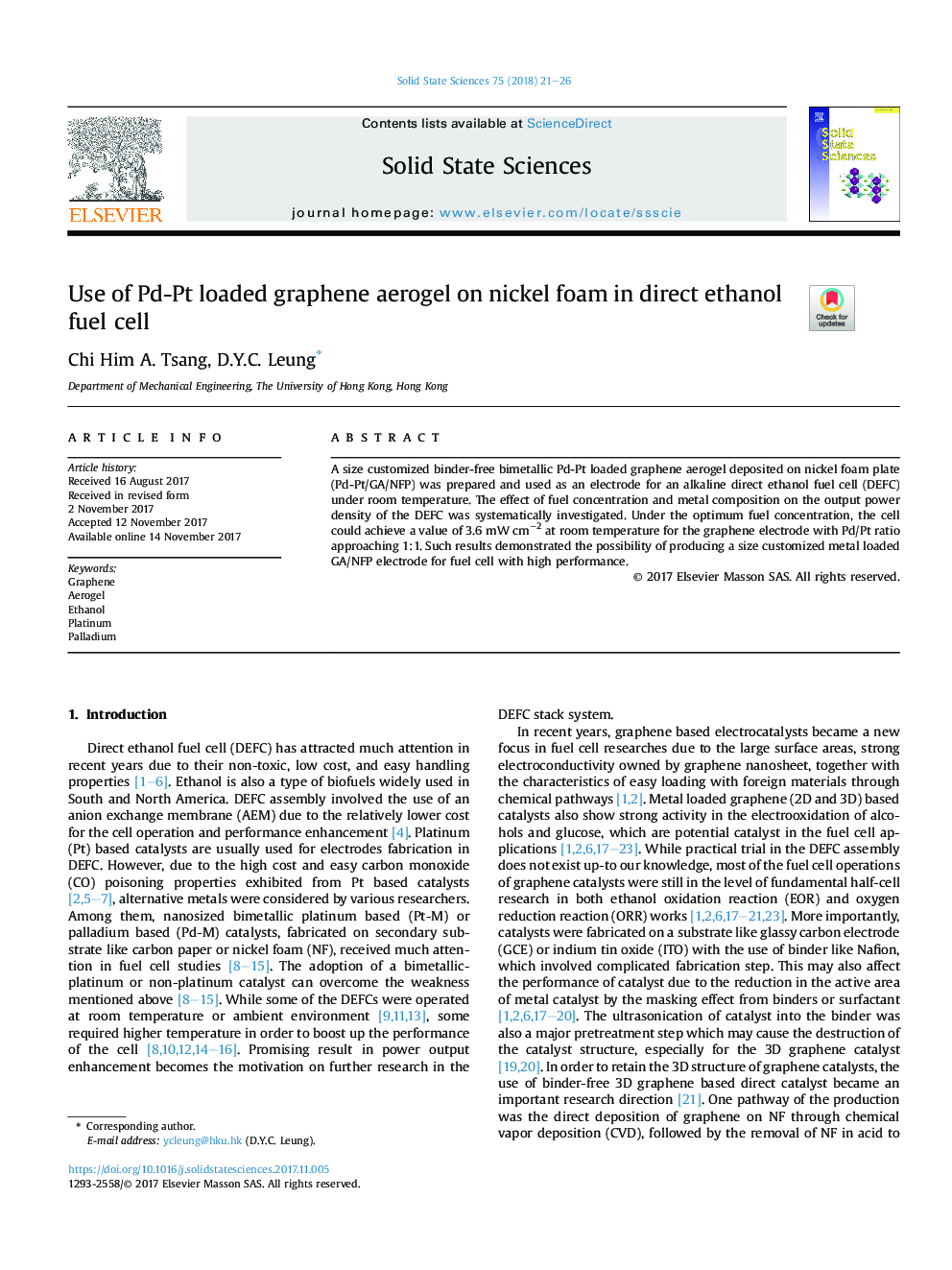 عکس صفحه اول مقاله: Use of Pd-Pt loaded graphene aerogel on nickel foam in direct ethanol fuel cell Use of Pd-Pt loaded graphene aerogel on nickel foam in direct ethanol fuel cell
