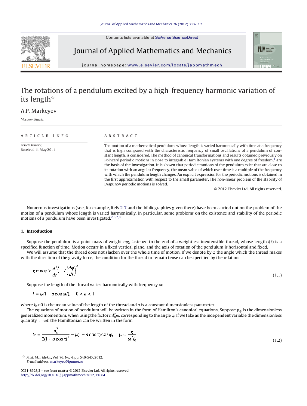 عکس صفحه اول مقاله: The rotations of a pendulum excited by a high-frequency harmonic variation of its length The rotations of a pendulum excited by a high-frequency harmonic variation of its length