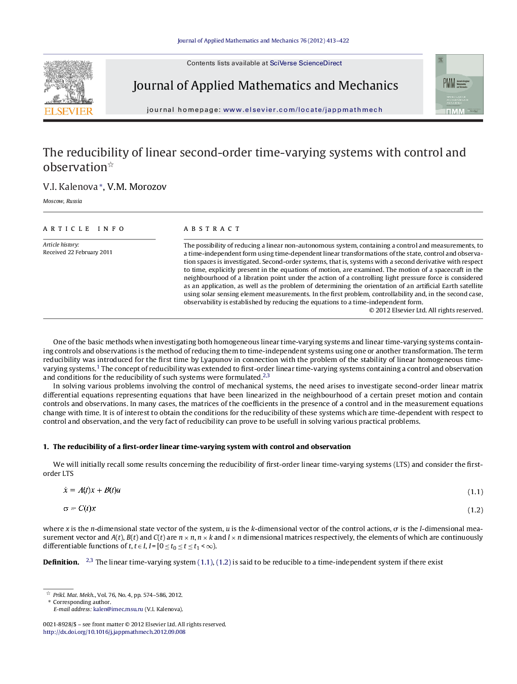 عکس صفحه اول مقاله: The reducibility of linear second-order time-varying systems with control and observation The reducibility of linear second-order time-varying systems with control and observation
