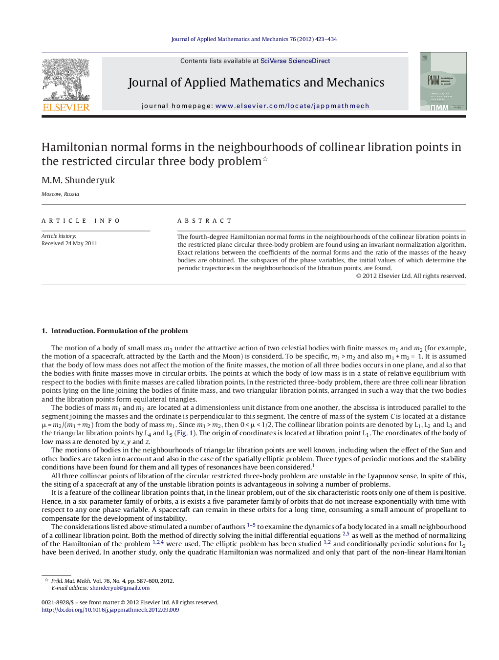 عکس صفحه اول مقاله: Hamiltonian normal forms in the neighbourhoods of collinear libration points in the restricted circular three body problem Hamiltonian normal forms in the neighbourhoods of collinear libration points in the restricted circular three body problem