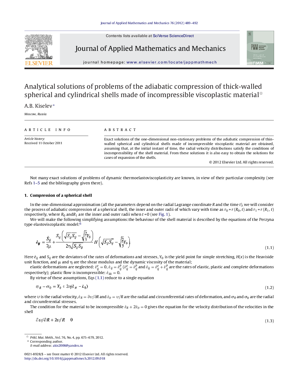 عکس صفحه اول مقاله: Analytical solutions of problems of the adiabatic compression of thick-walled spherical and cylindrical shells made of incompressible viscoplastic material Analytical solutions of problems of the adiabatic compression of thick-walled spherical and cylindrical shells made of incompressible viscoplastic material