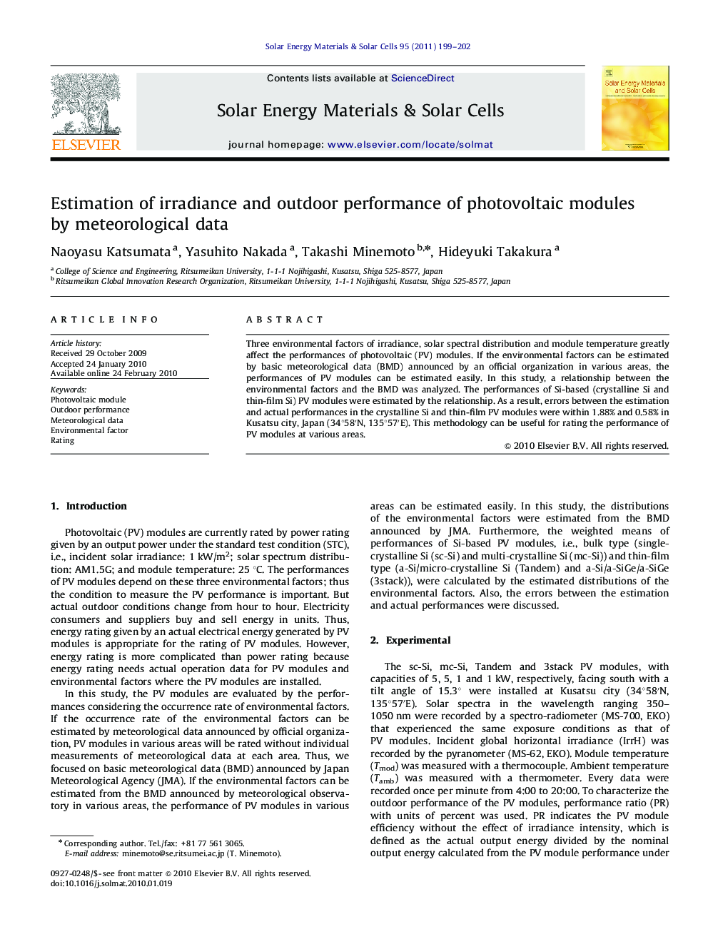 Estimation of irradiance and outdoor performance of photovoltaic modules by meteorological data