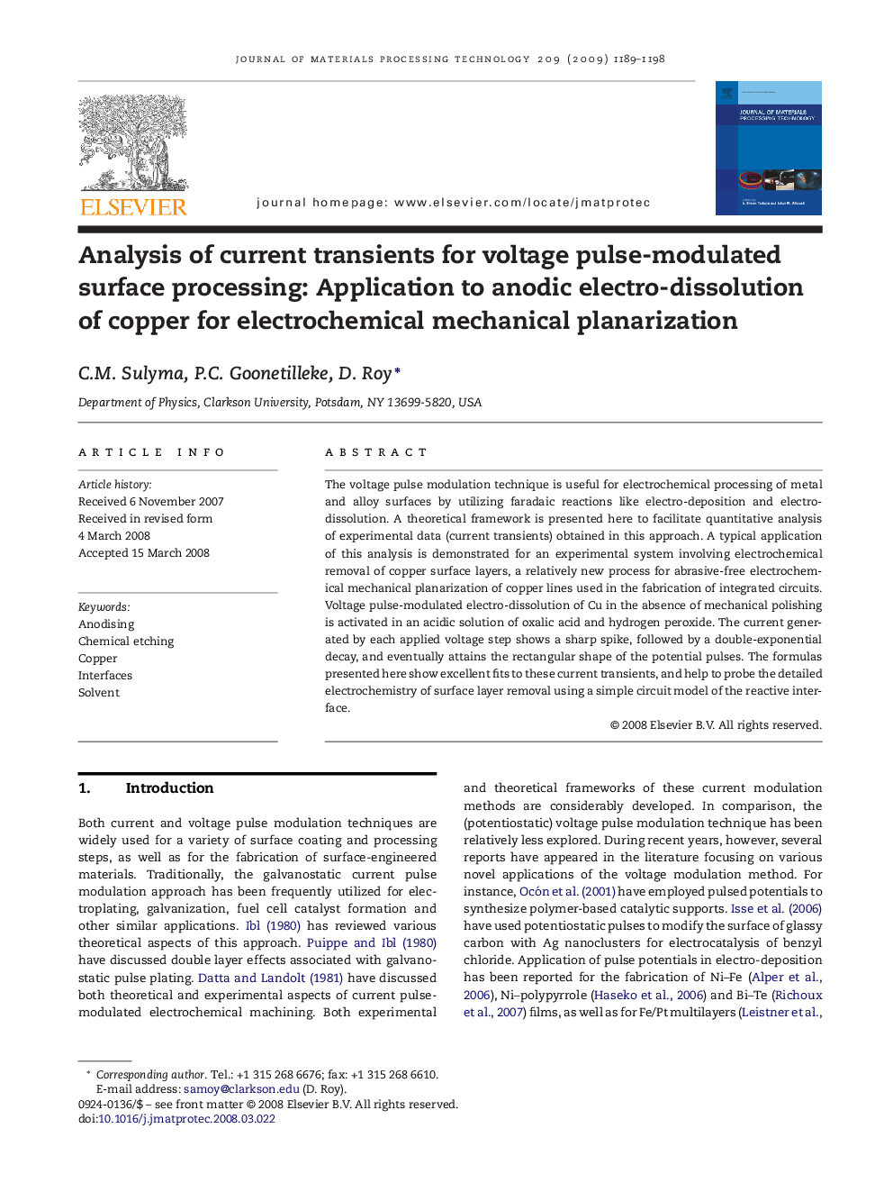 Analysis of current transients for voltage pulse-modulated surface processing: Application to anodic electro-dissolution of copper for electrochemical mechanical planarization