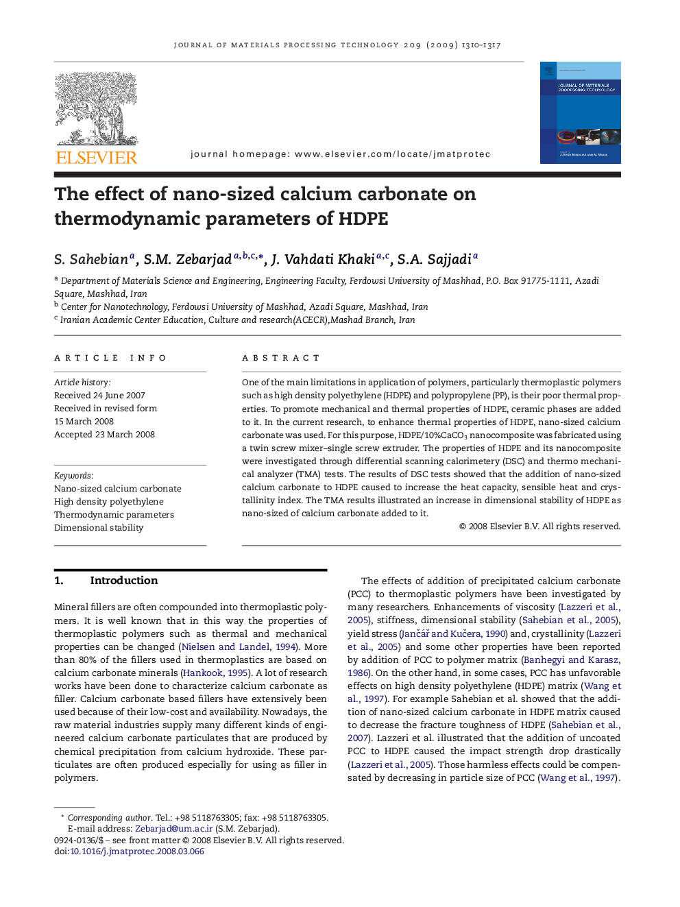 The effect of nano-sized calcium carbonate on thermodynamic parameters of HDPE