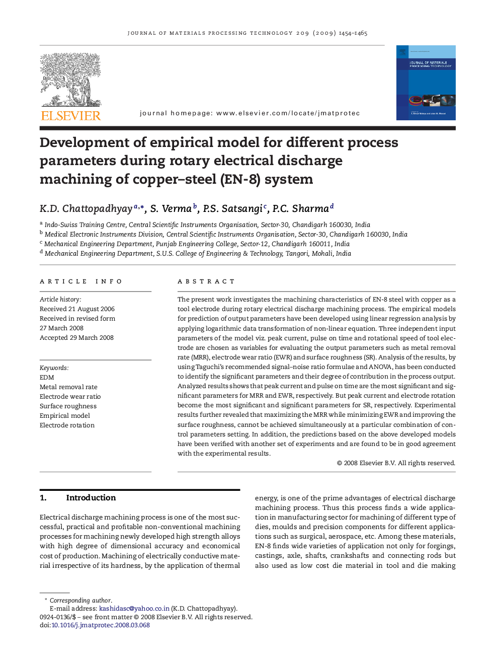 Development of empirical model for different process parameters during rotary electrical discharge machining of copper–steel (EN-8) system