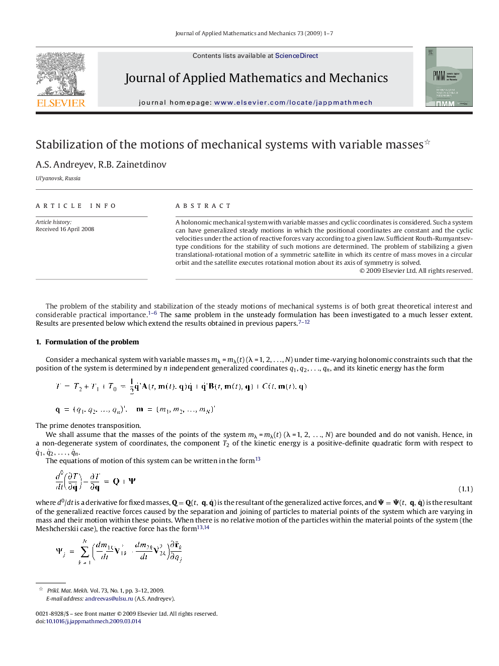 Stabilization of the motions of mechanical systems with variable masses 