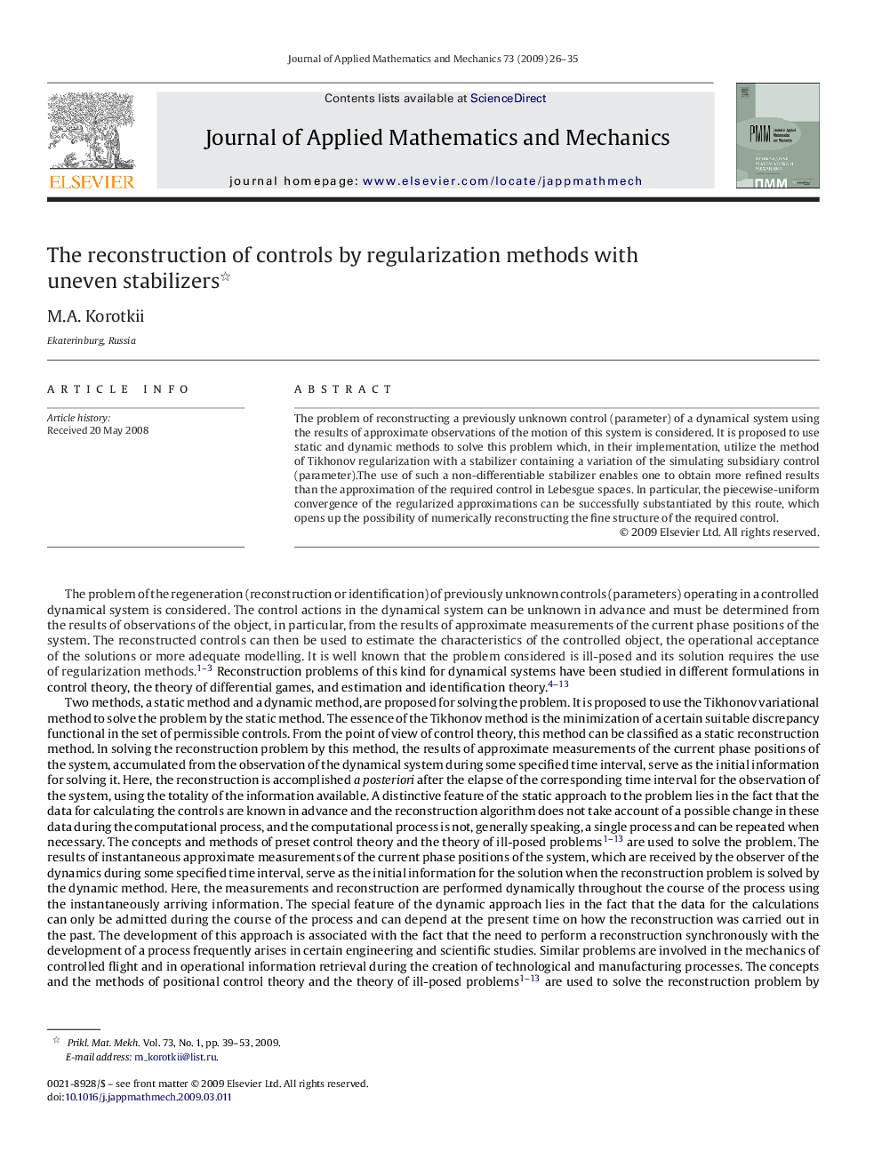 عکس صفحه اول مقاله: The reconstruction of controls by regularization methods with uneven stabilizers The reconstruction of controls by regularization methods with uneven stabilizers
