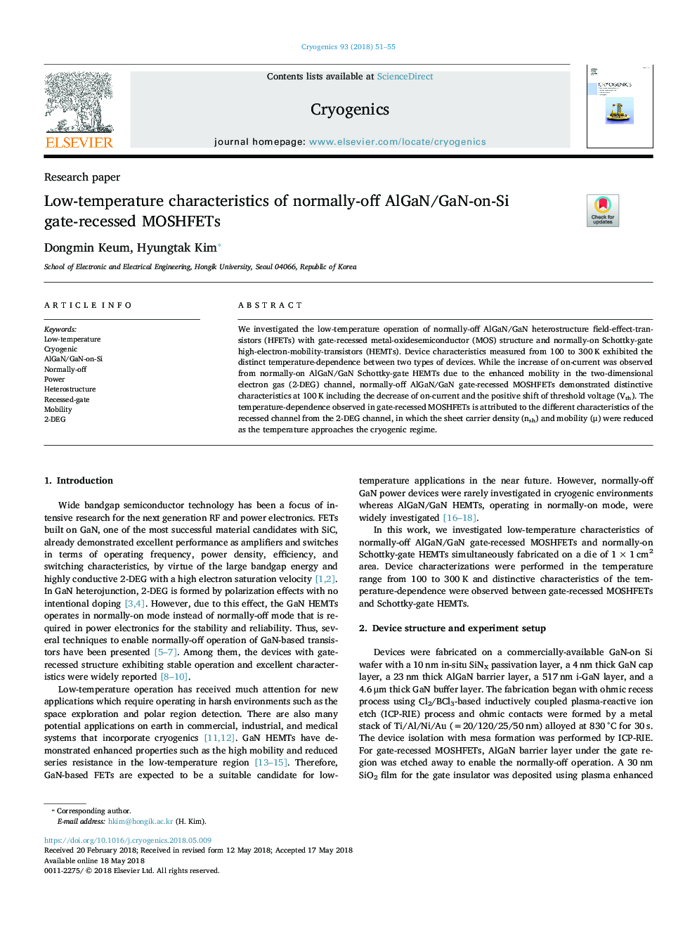 Low-temperature characteristics of normally-off AlGaN/GaN-on-Si gate-recessed MOSHFETs