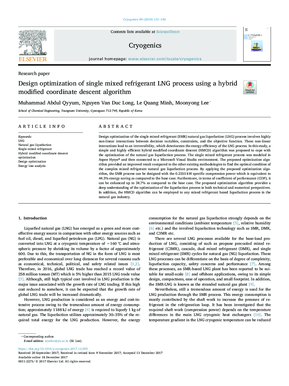 Design optimization of single mixed refrigerant LNG process using a hybrid modified coordinate descent algorithm