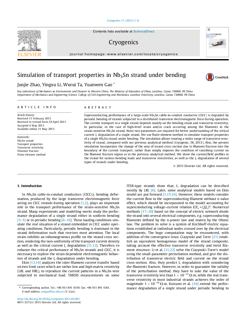 Simulation of transport properties in Nb3Sn strand under bending