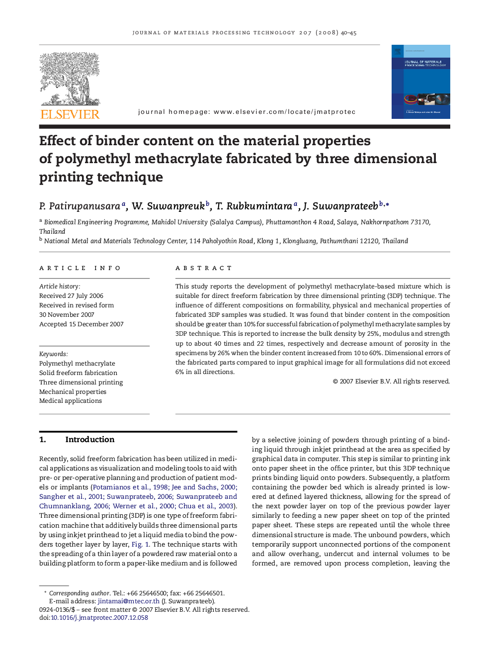 Effect of binder content on the material properties of polymethyl methacrylate fabricated by three dimensional printing technique