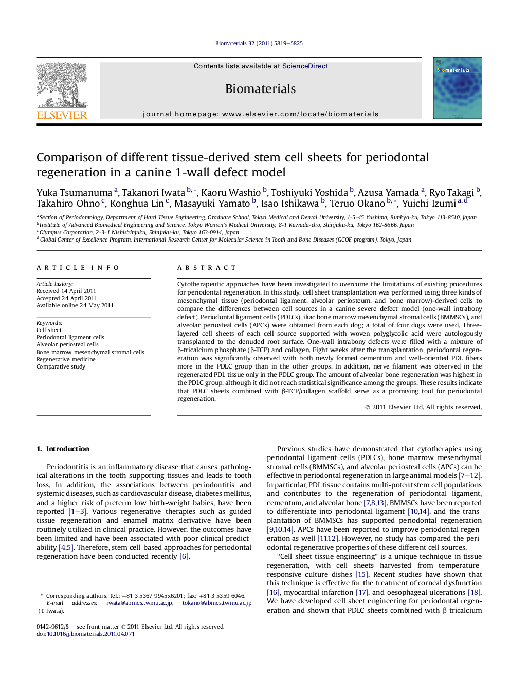 Comparison of different tissue-derived stem cell sheets for periodontal regeneration in a canine 1-wall defect model