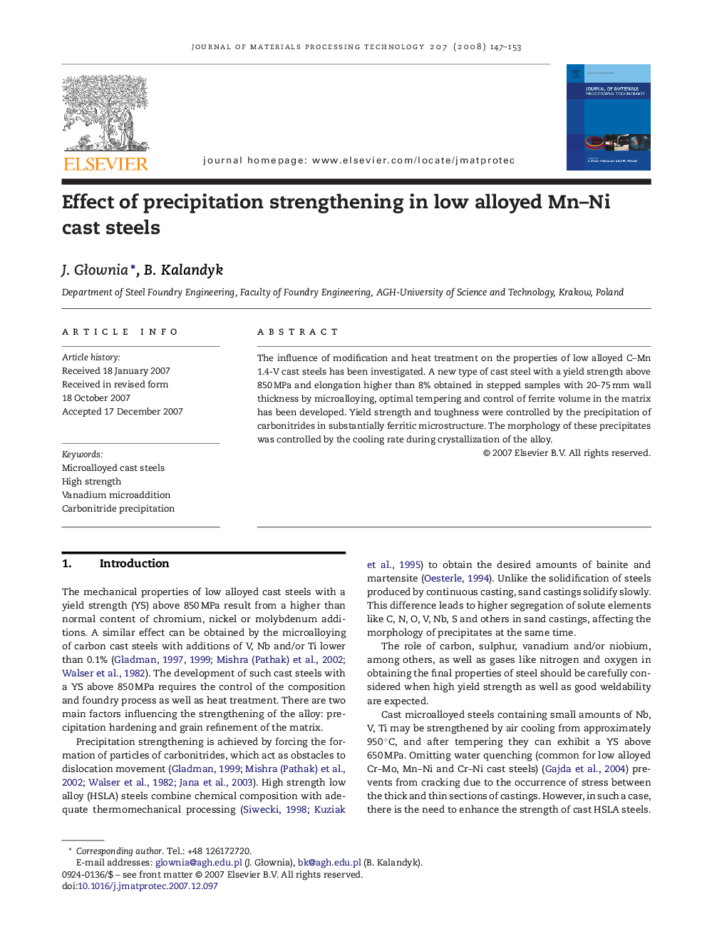 Effect of precipitation strengthening in low alloyed Mn–Ni cast steels