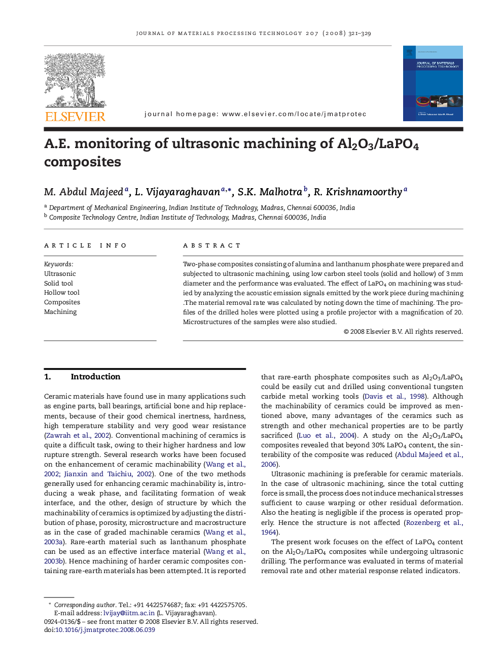 A.E. monitoring of ultrasonic machining of Al2O3/LaPO4 composites