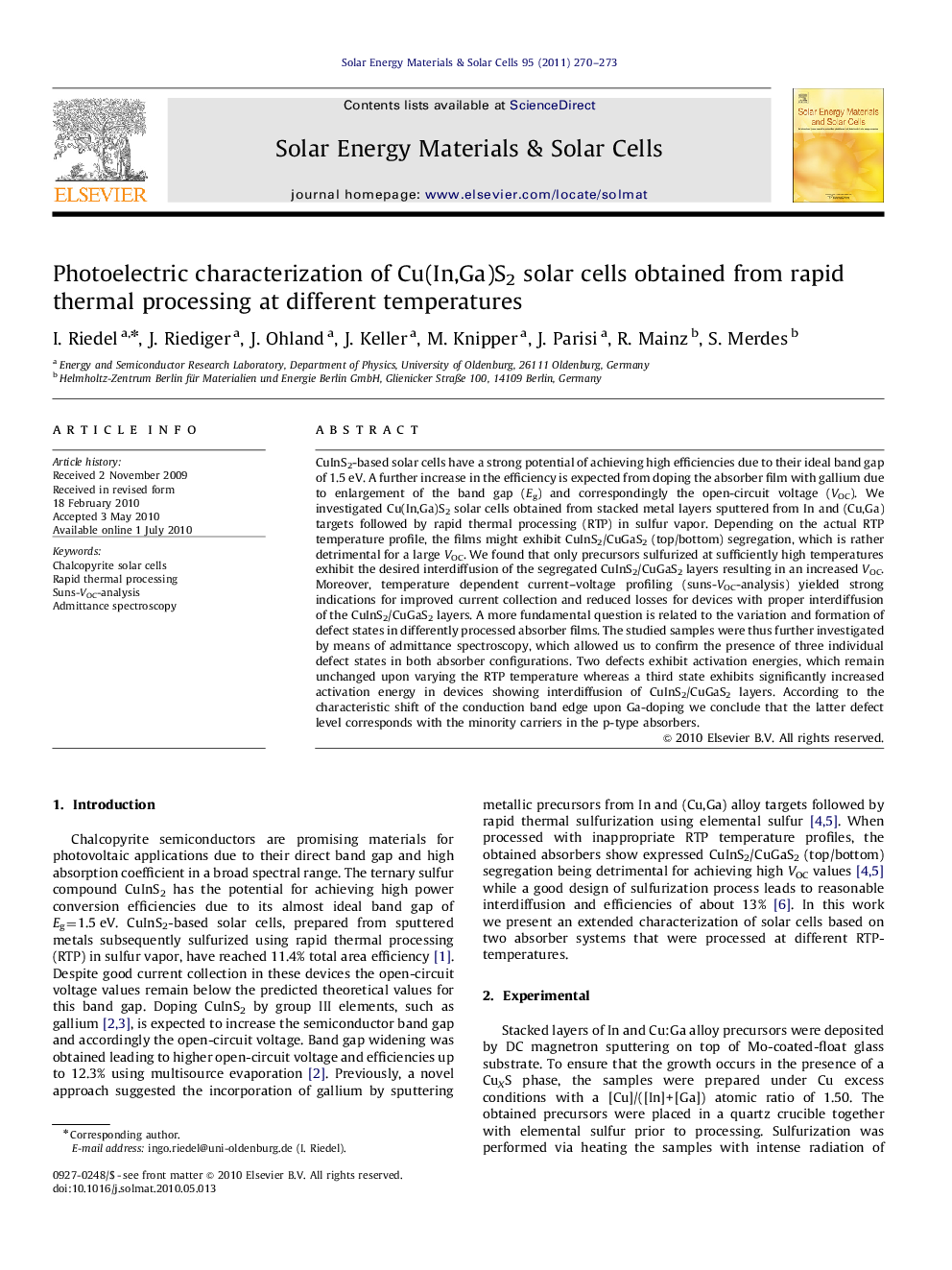 Photoelectric characterization of Cu(In,Ga)S2 solar cells obtained from rapid thermal processing at different temperatures