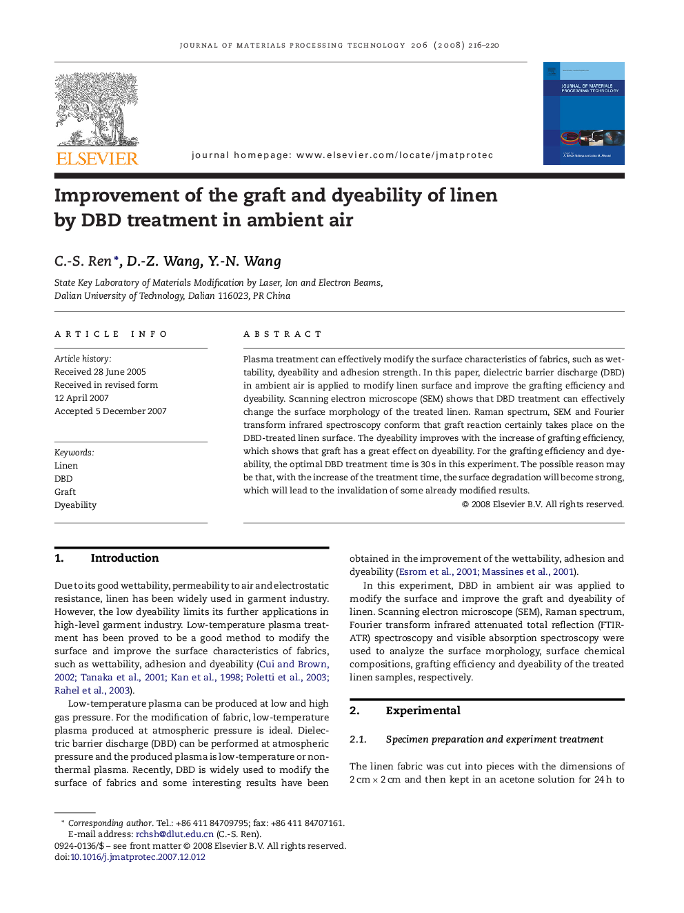 Improvement of the graft and dyeability of linen by DBD treatment in ambient air