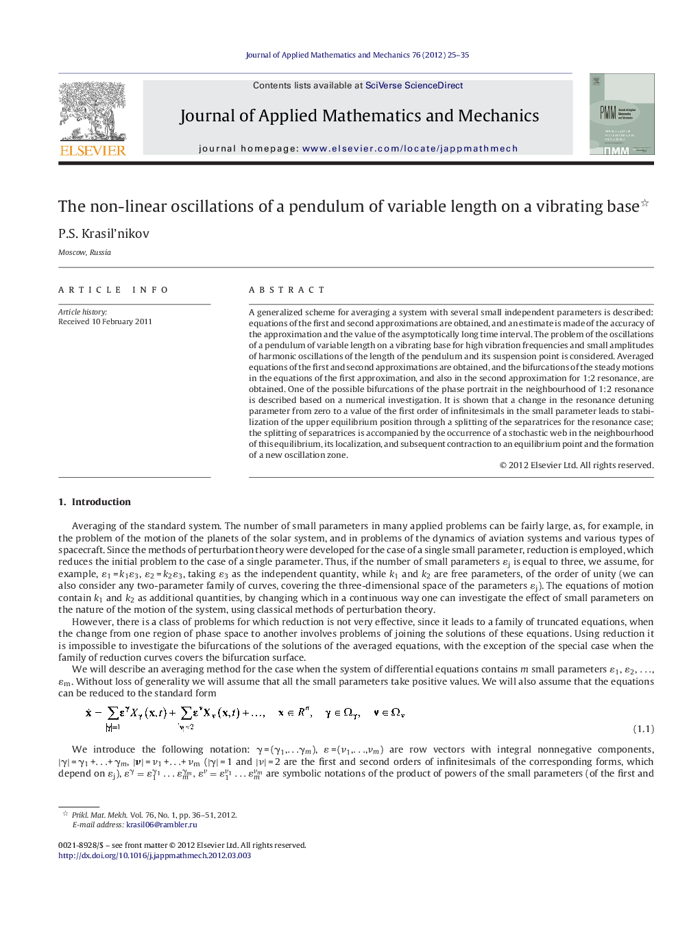 عکس صفحه اول مقاله: The non-linear oscillations of a pendulum of variable length on a vibrating base The non-linear oscillations of a pendulum of variable length on a vibrating base