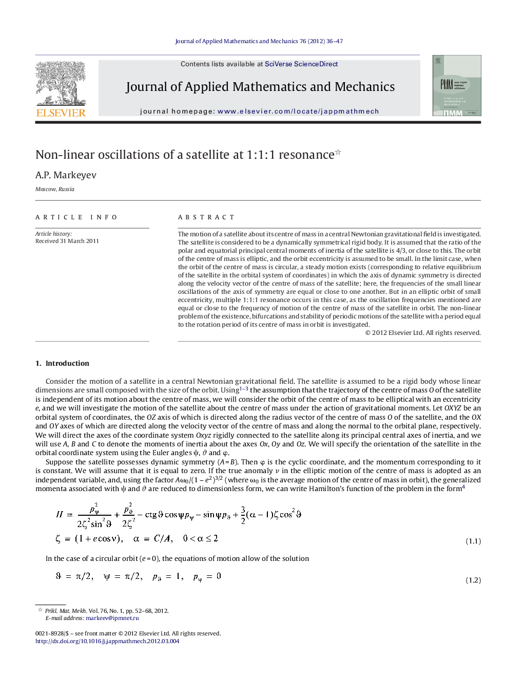 عکس صفحه اول مقاله: Non-linear oscillations of a satellite at 1:1:1 resonance Non-linear oscillations of a satellite at 1:1:1 resonance