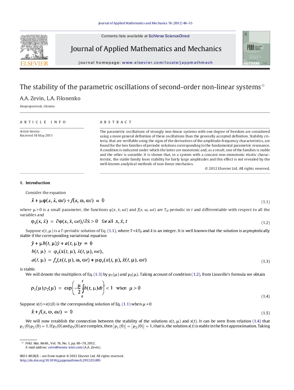 عکس صفحه اول مقاله: The stability of the parametric oscillations of second-order non-linear systems The stability of the parametric oscillations of second-order non-linear systems