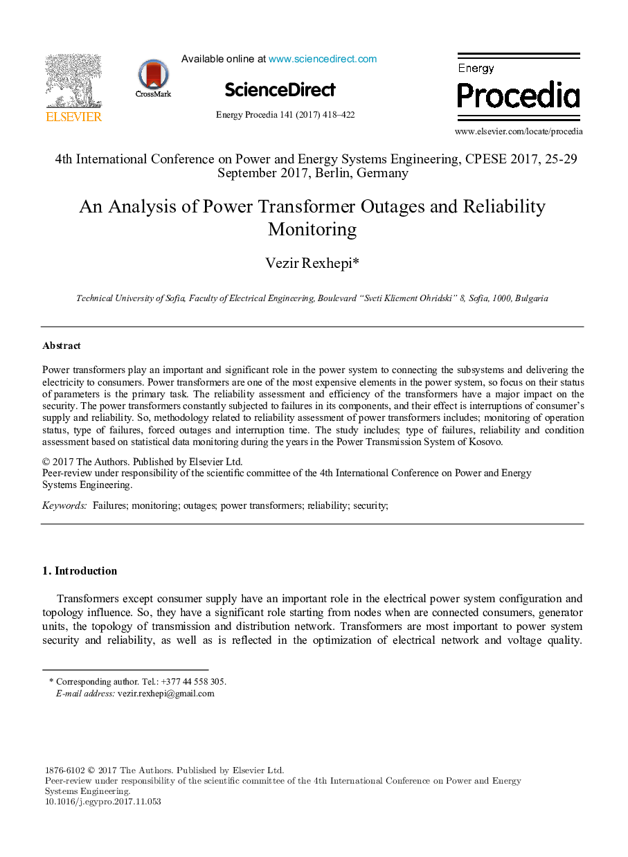 An Analysis of Power Transformer Outages and Reliability Monitoring