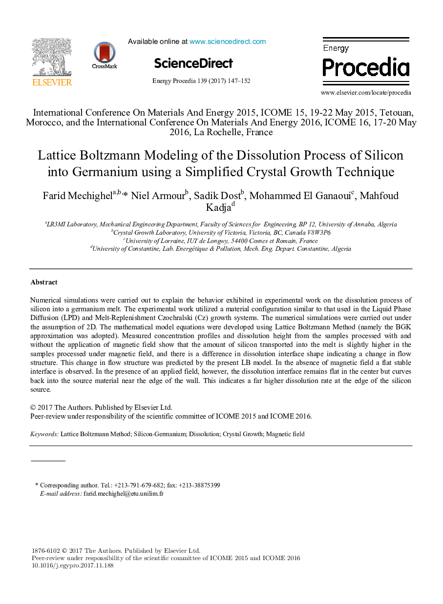 Lattice Boltzmann Modeling of the Dissolution Process of Silicon into Germanium using a Simplified Crystal Growth Technique