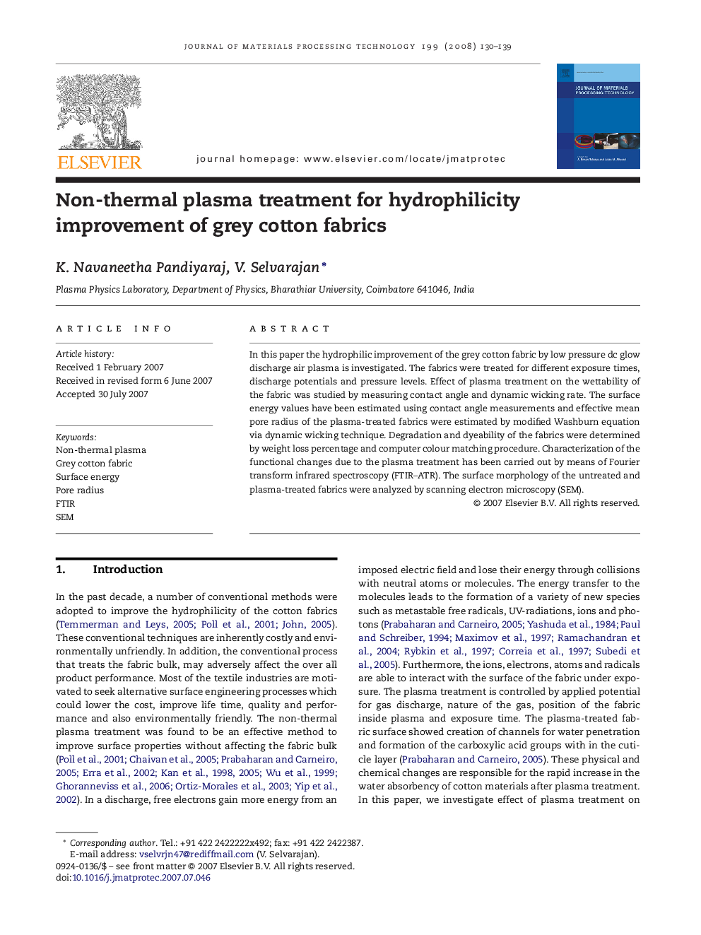 Non-thermal plasma treatment for hydrophilicity improvement of grey cotton fabrics