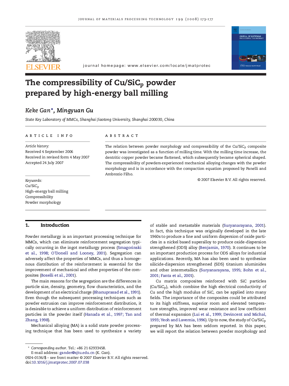 The compressibility of Cu/SiCp powder prepared by high-energy ball milling