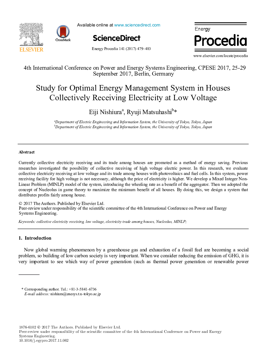 Study for Optimal Energy Management System in Houses Collectively Receiving Electricity at Low Voltage